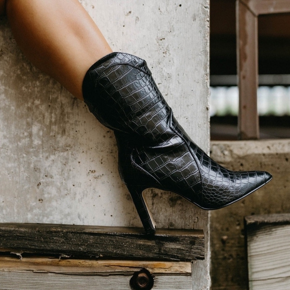 Black Croc-Embossed Women's Boots
